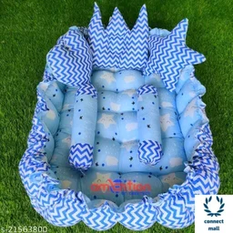 Pink Unique Newborn Baby Round Tub Bedding Set, Reversible Bed Set Cum Mattress with 3 Multi Shape Pillows for Newborn to Toddlers ( Blue& Sky Blue) - Blue & Sky Blue